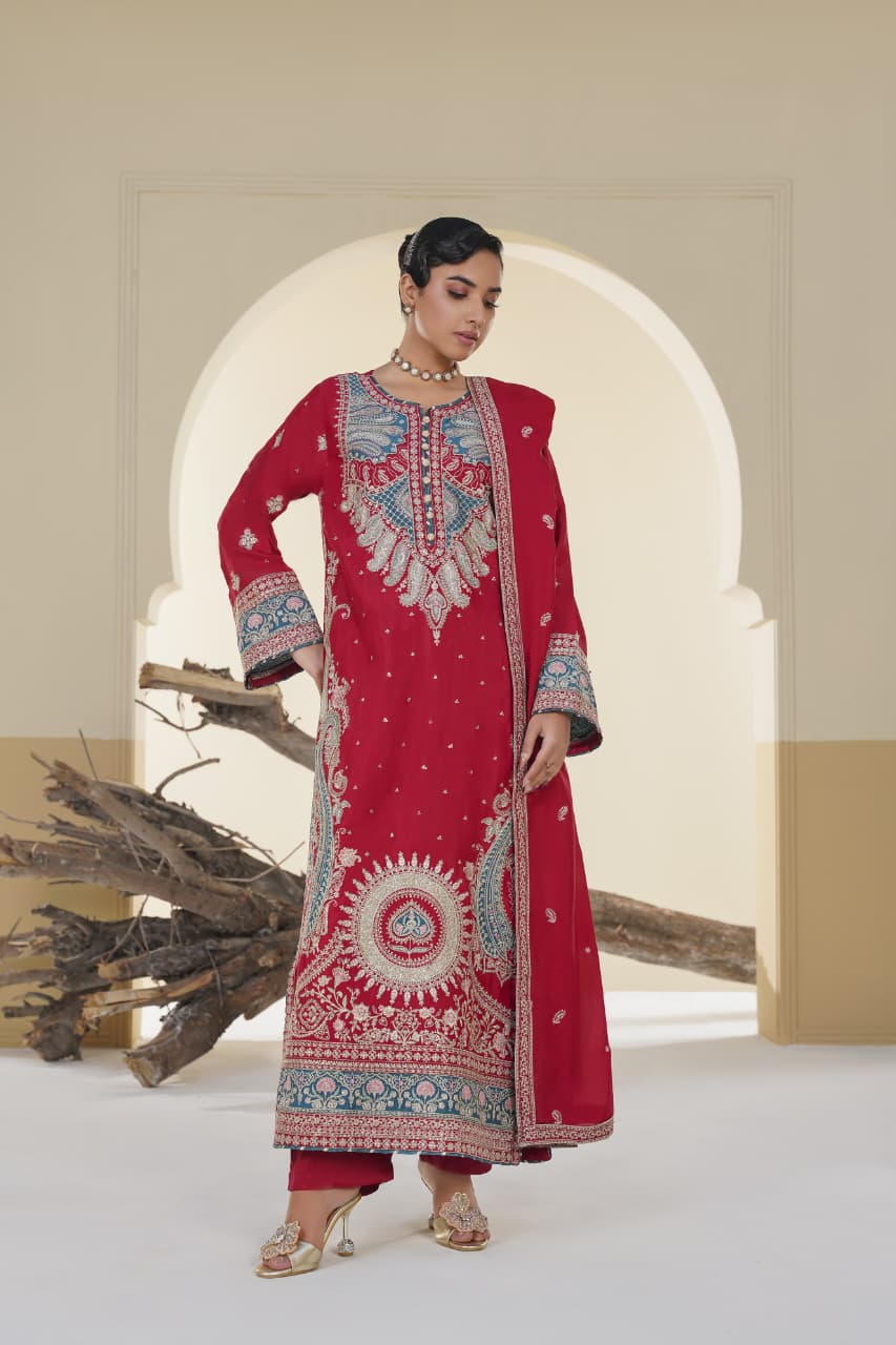 3 Piece Stitched Embroidered Silk Suit
