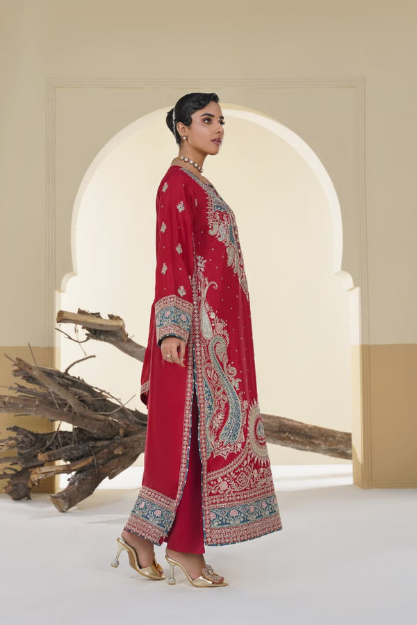 3 Piece Stitched Embroidered Silk Suit