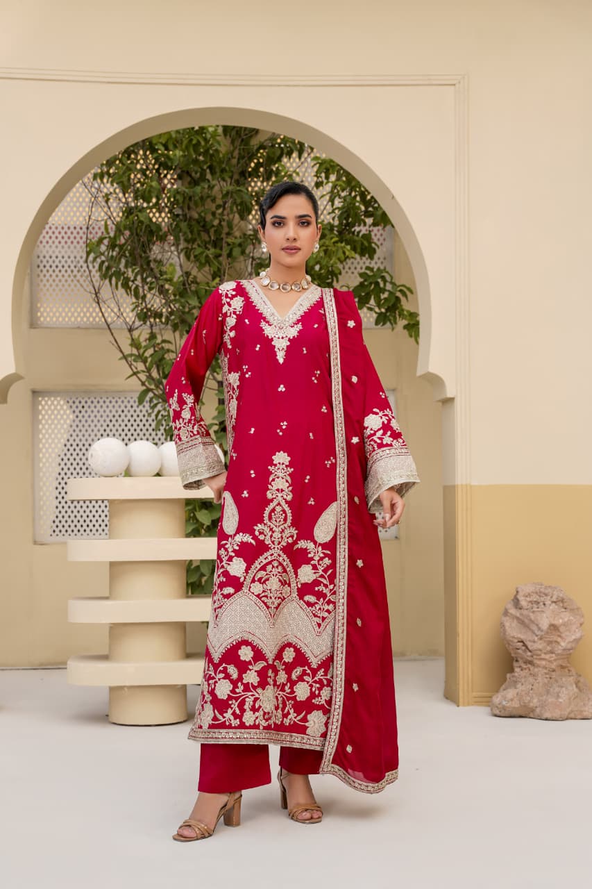 3 Piece Stitched Embroidered Silk Suit