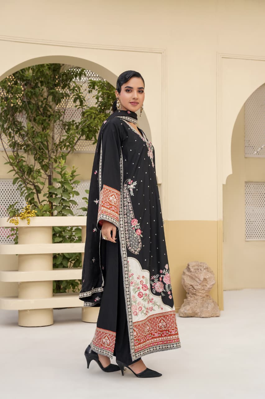 3 Piece Stitched Embroidered Silk Suit