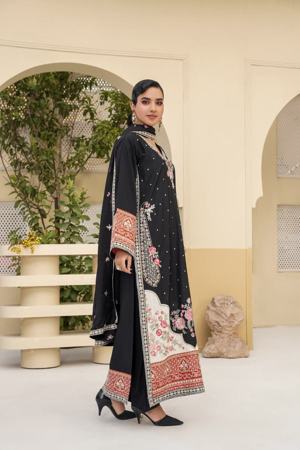 3 Piece Stitched Embroidered Silk Suit