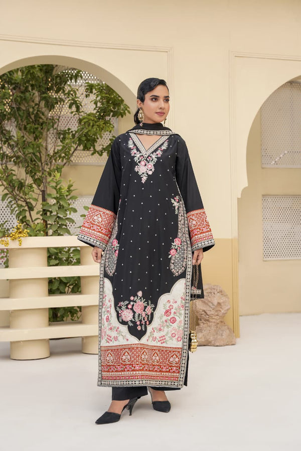 3 Piece Stitched Embroidered Silk Suit