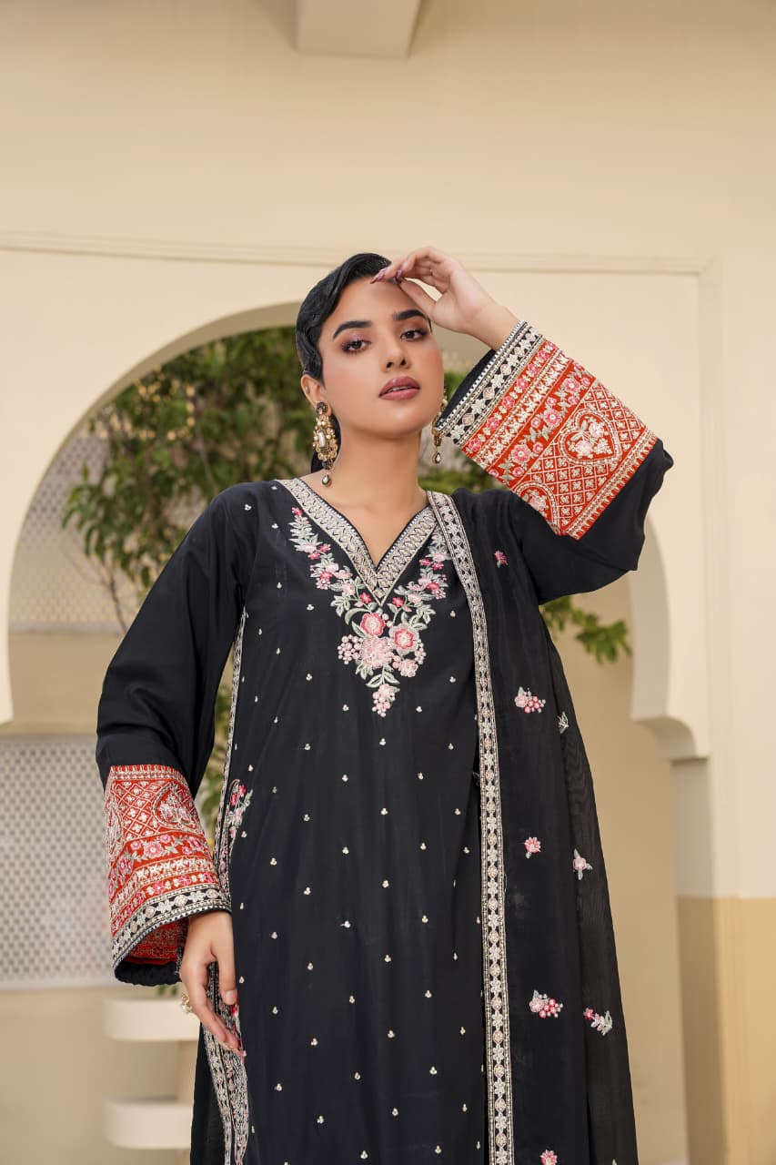 3 Piece Stitched Embroidered Silk Suit
