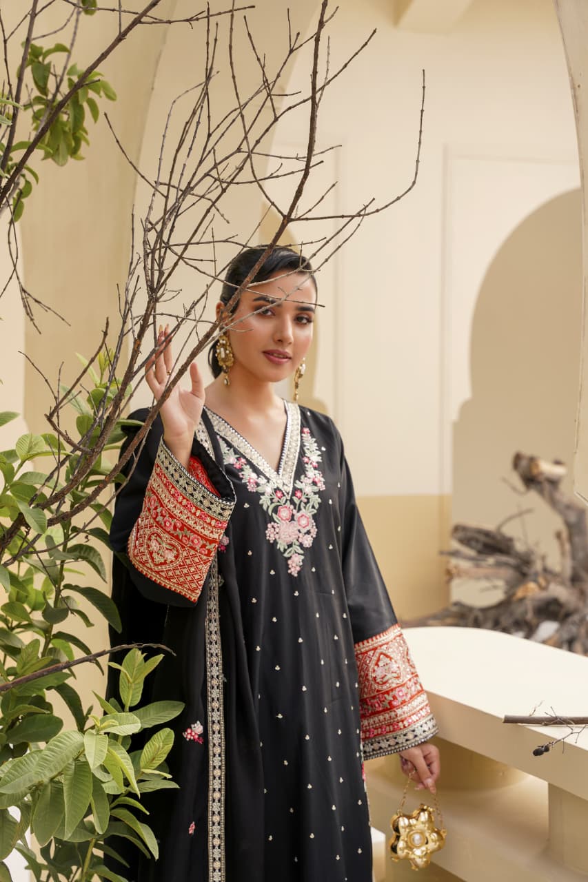 3 Piece Stitched Embroidered Silk Suit