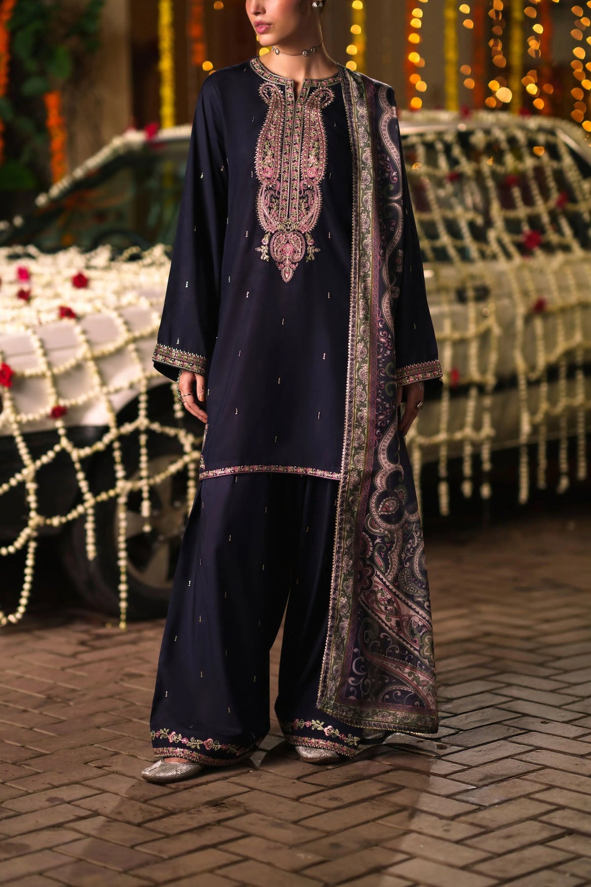 3-Piece Embroidered Viscose Silk Suit
