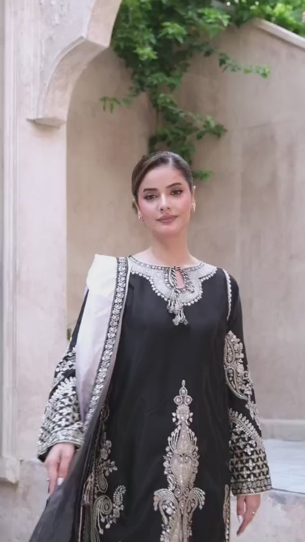 3 Piece Stitched Embroidered Silk Suit