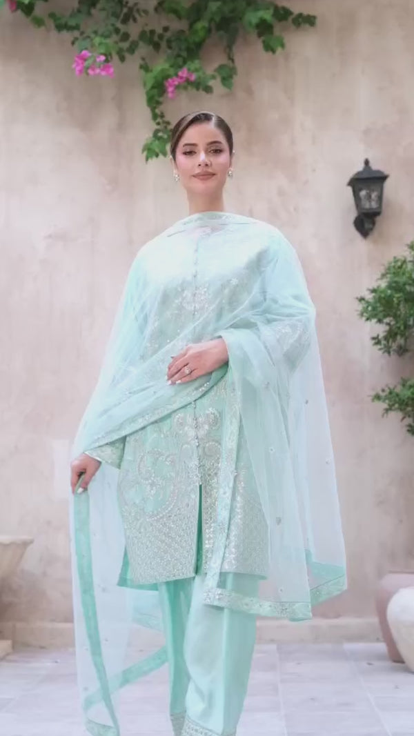 3 Piece Stitched Embroidered Silk Suit