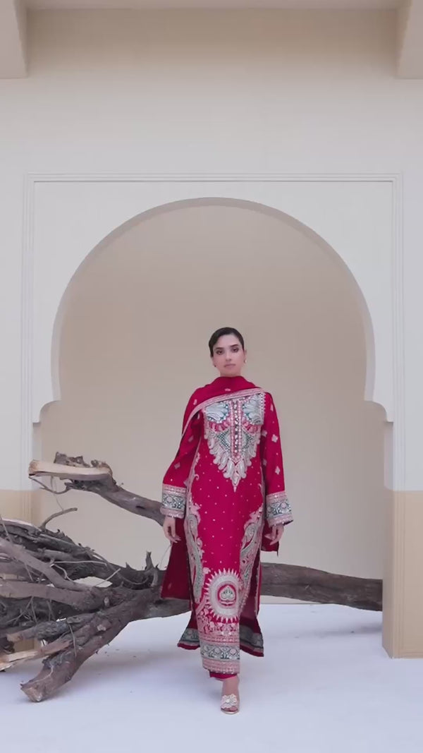 3 Piece Stitched Embroidered Silk Suit