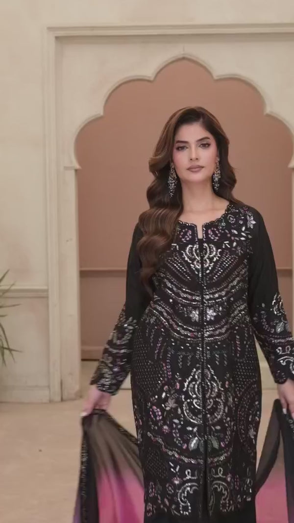 3 Piece Stitched Embroidered Silk Suit