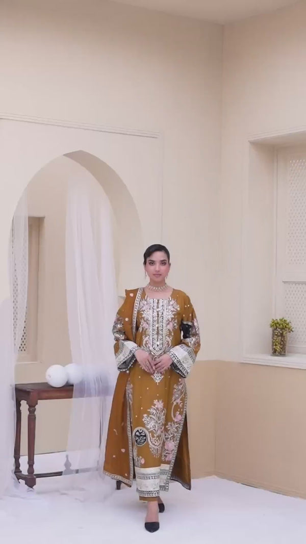 3 Piece Stitched Embroidered Silk Suit
